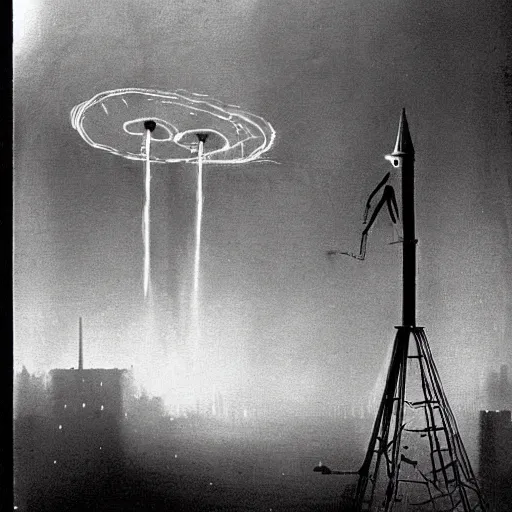 Prompt: three-legged robot from the story War of the Worlds by Herbert Wales, rises above the foggy city at night and shines searchlights on the ground in search of people, realism,