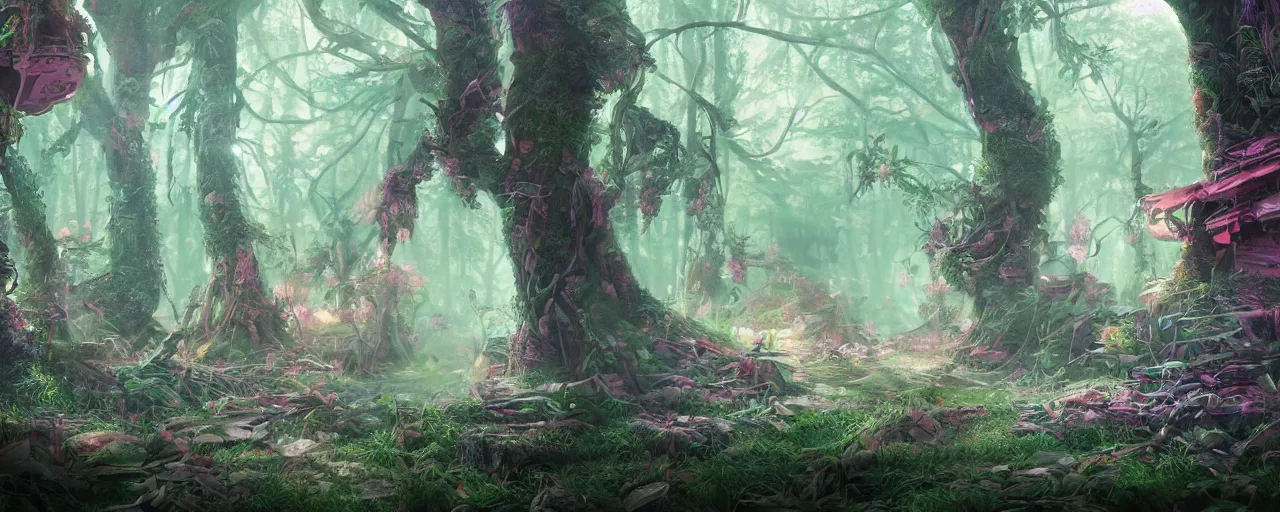 Image similar to detailed concept art illustration colorful pastel painting of a sci-fi fantasy forest in full intricate detail, ultra detailed, digital art, octane render, 4K, dystopian, micro details