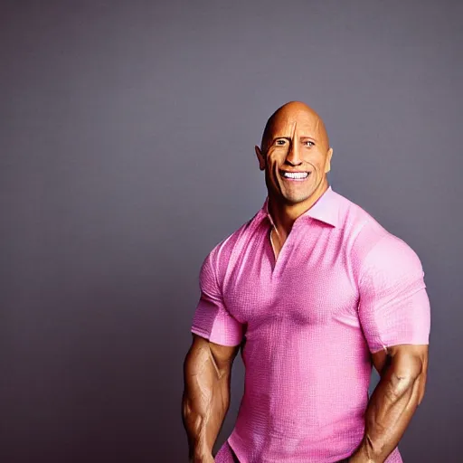 Image similar to Dwayne Johnson wearing a pink dress, photoshoot, portrait, studio lighting