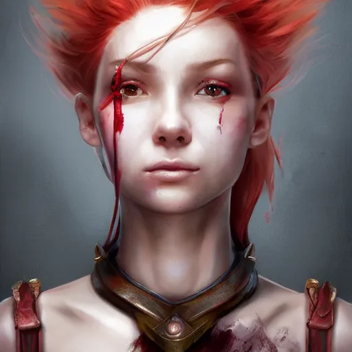 Prompt: fantasy portrait of a young beautiful veteran female warrior with red hair , scars on her face , determined expression , made by Stanley Artgerm Lau, WLOP, Rossdraws, ArtStation, CGSociety, concept art, cgsociety, octane render, trending on artstation, artstationHD, artstationHQ, unreal engine, 4k, 8k,