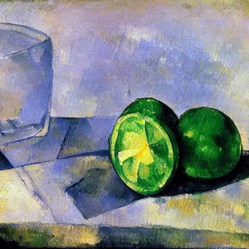 Prompt: painting of an ice cube and a lime slice in dark background, by Paul Cézanne.