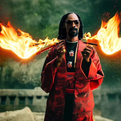 Image similar to cinematic film still of Snoop Dogg starring as a Samurai holding fire, Japanese CGI, VFX, 2022, 50mm lens, shallow depth of field, film photography