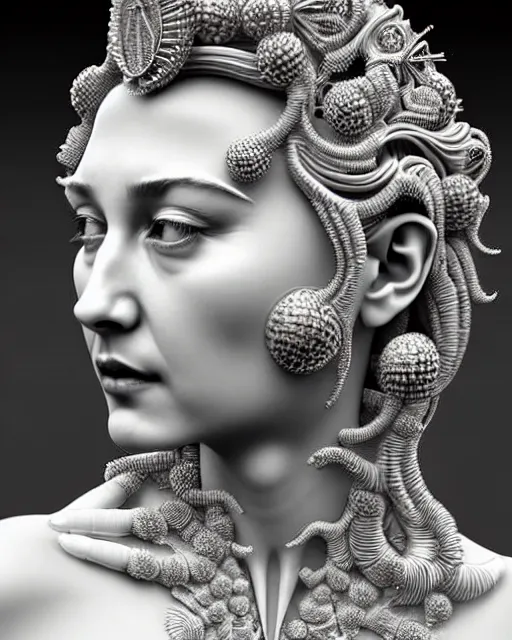 Image similar to bw 3 d render of a beautiful young madonna female queen - cyborg - vegetal, intricate fractal ornament in the bust with a very long neck, elegant, highly detailed intricate rococo ornament in her silver long hair, realistic, refined, highly detailed, cinematic outdoor lighting, by flora borsi in the style of dora maar, volumetric lighting, hyper realistic photography