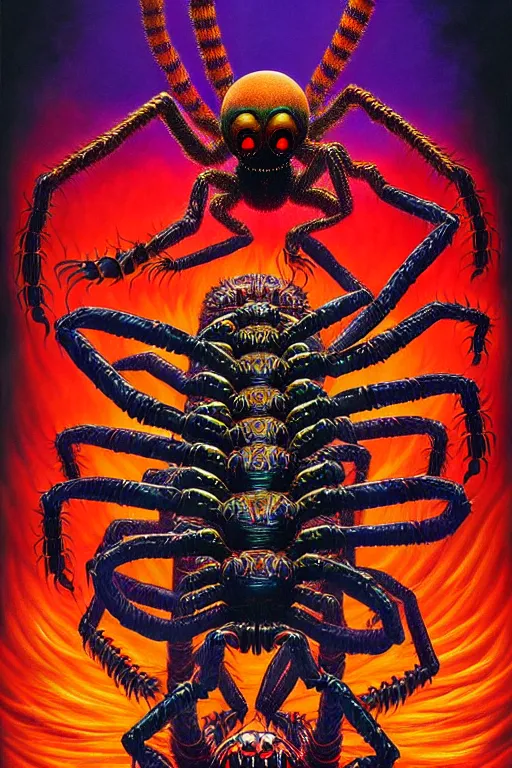 Image similar to a hyperrealistic painting of an epic boss fight against an ornate supreme evil arachnid overlord, cinematic horror by jimmy alonzo, the art of skinner, chris cunningham, lisa frank, richard corben, highly detailed, vivid color,