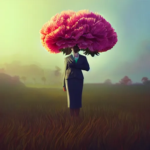 Image similar to giant carnation flower head, frontal, girl in a suit, surreal photography, sunrise, dramatic light, impressionist painting, digital painting, artstation, simon stalenhag