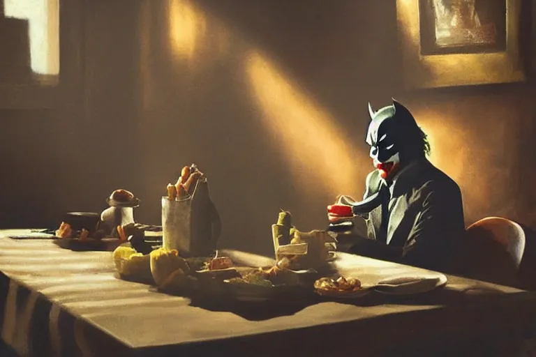 Image similar to morning light, highly detailed portrait of Batman eating breakfast, the head of the joker is placed on the table, atmospheric lighting, masterpiece, award winning painting by Emmanuel Lubezki