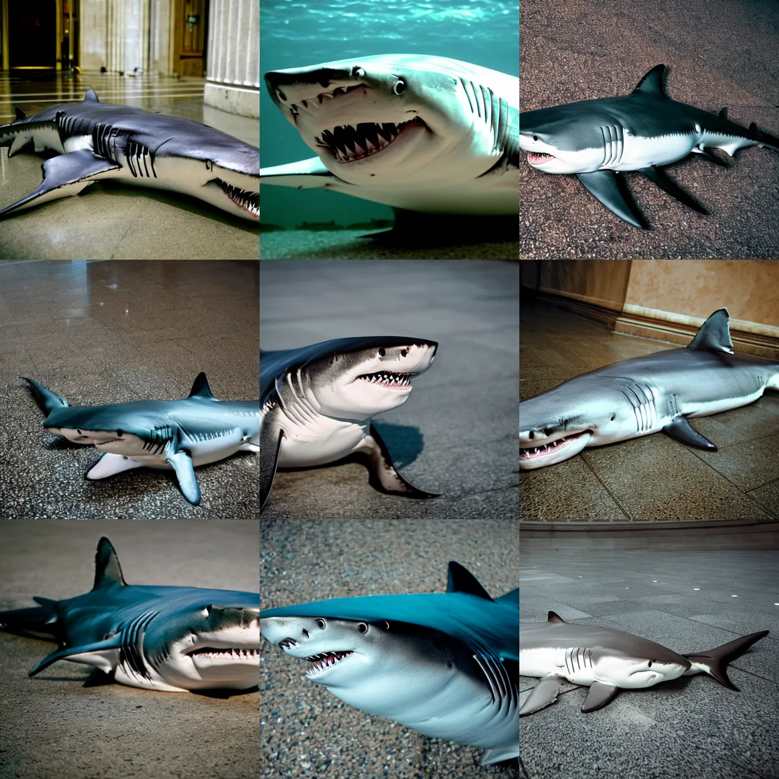 Prompt: close up real image of shark lying on the ground in city hall, photograph by animal planet, by discovery channel