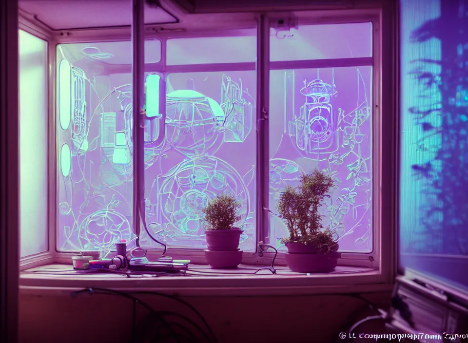 Image similar to telephoto 7 0 mm f / 2. 8 iso 2 0 0 photograph depicting the experience of calm in a cosy cluttered french sci - fi ( art nouveau ) cyberpunk apartment in a pastel dreamstate art cinema style. ( iridescent terrarium!, computer screens, window, leds, lamp, ( ( ( bed ) ) ) ), ambient light.