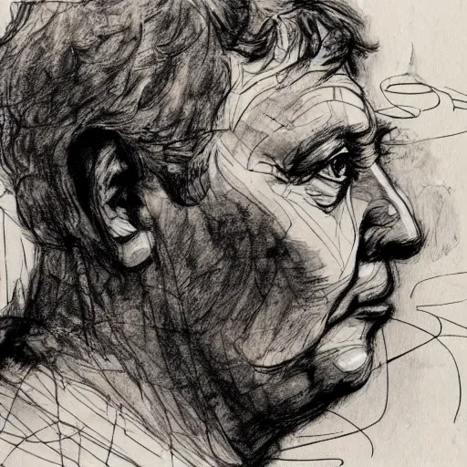 Image similar to a realistic yet scraggly portrait sketch of the side profile of a stern and sophisticated gene ween, trending on artstation, intricate details, in the style of frank auerbach, in the style of sergio aragones, in the style of martin ansin, in the style of david aja, in the style of mattias adolfsson