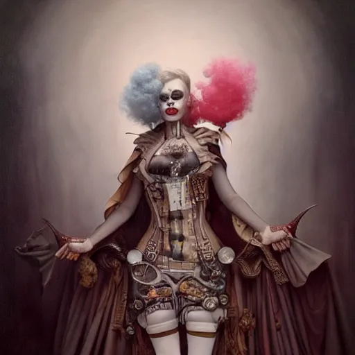 Prompt: by tom bagshaw, ultra realist soft painting of sci fi carnival of curiosities, single steampunk mutated as a dollpunk clown in a full body gothic robe, partial symmetry accurate features, very intricate details, focus, curvy, award winning, ultra dense fog