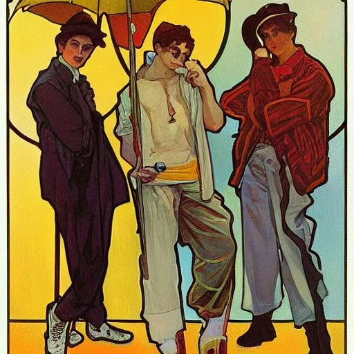 Image similar to a painting of three male teenagers with rockabilly attire holding yellow popsicle and looking at women in the streets by alphonse mucha