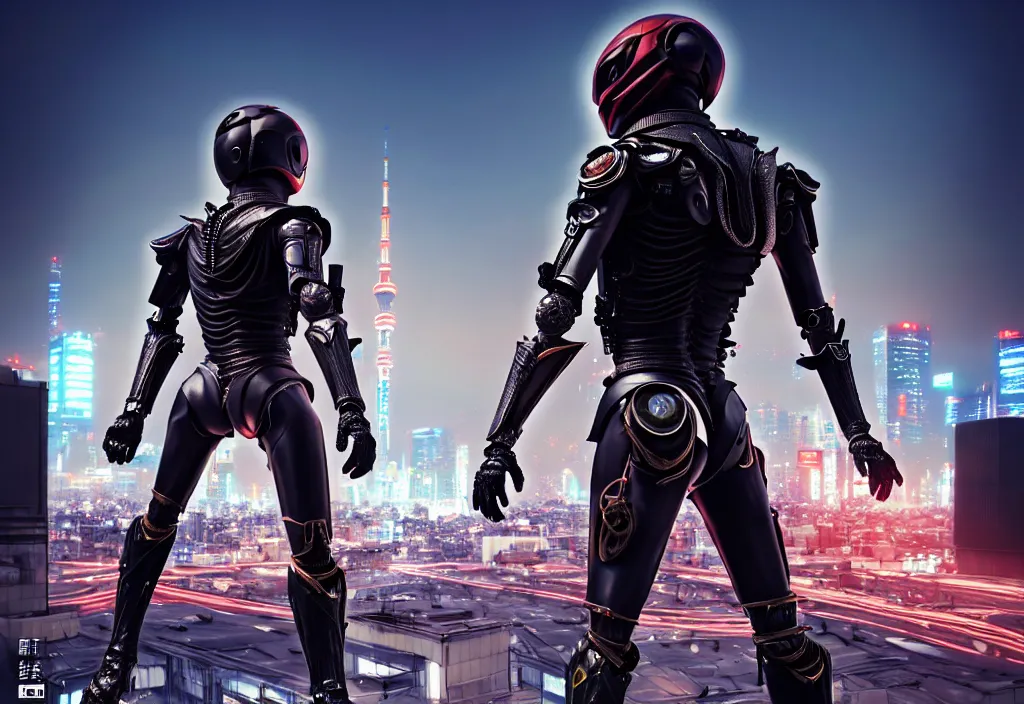 Image similar to huge belted, kamen rider dynamic pose, human structure concept art, human anatomy, full body hero, intricate detail, hyperrealistic art and illustration by a. k. a limha lekan a. k. a maxx soul and alexandre ferra, global illumination, blurry and sharp focus, on future tokyo night rooftop, frostbite engine