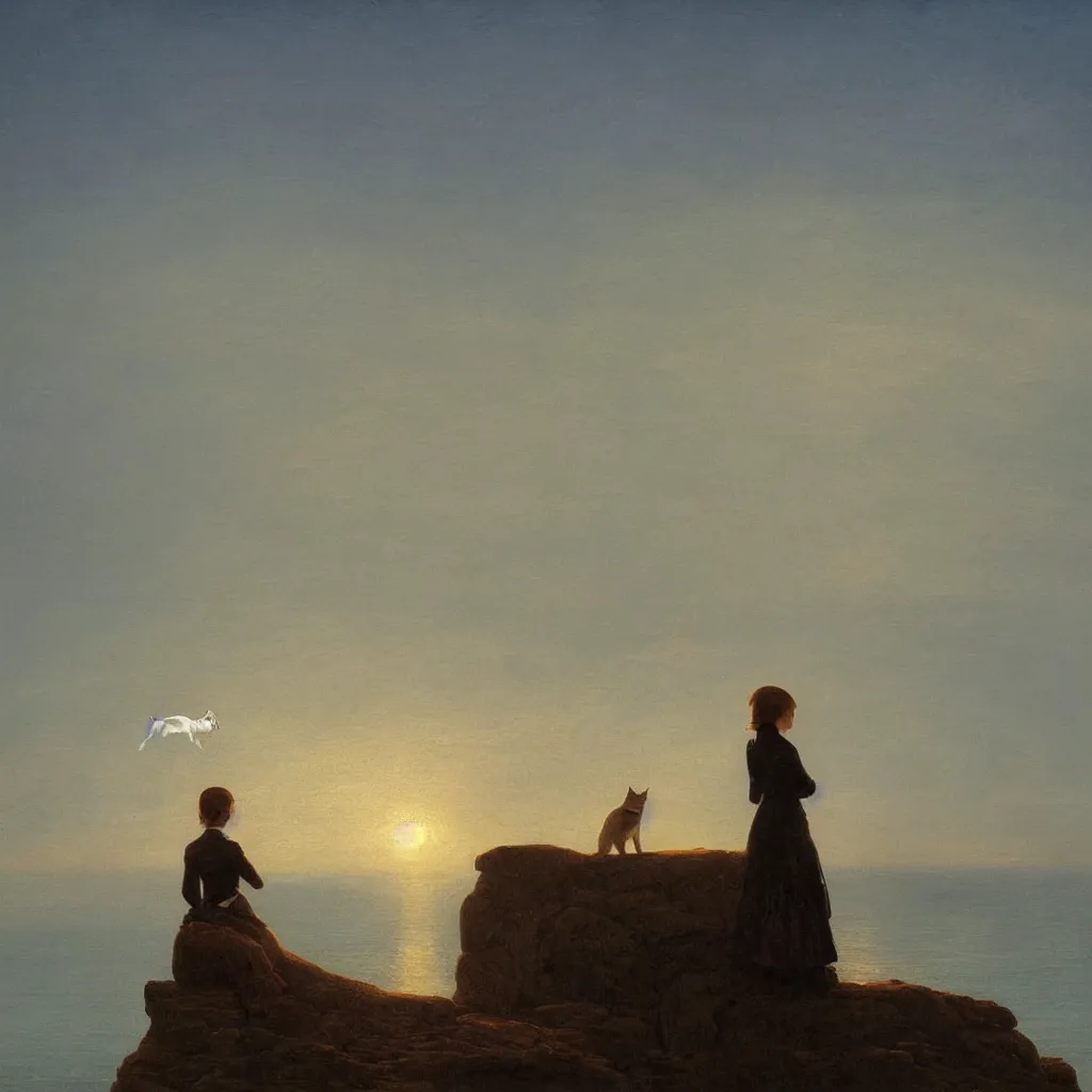 Image similar to an android girl with a white cat by caspar david friedrich, in the sunset ， sitting on the edge of the cliff looking at the sea ， clean, pure, elegant, highly detailed, digital painting, artstation, concept art, smooth, sharp focus, illustration,