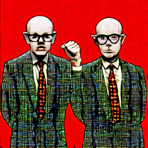 Image similar to image of gilbert and george being possessed by the ghost of alan turing, chromatic aberration, noise, butcher billy style