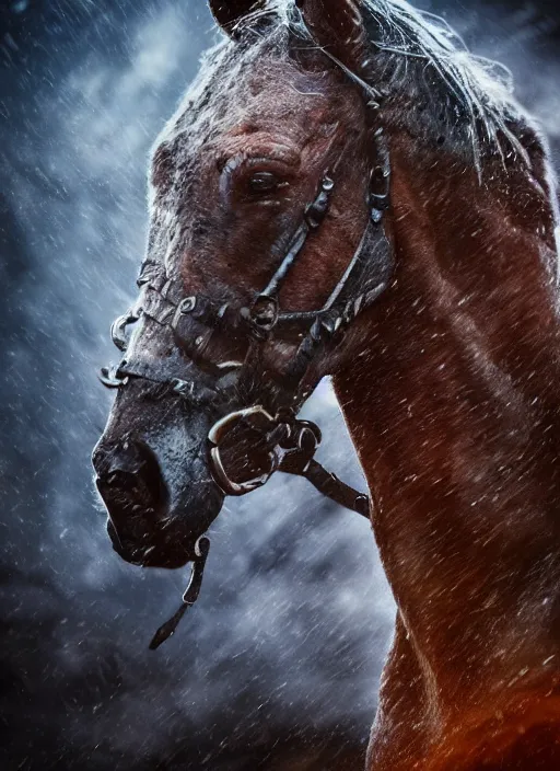 Image similar to cinematic shot epic portraits, hyper realistic, mood lighting, fantasy, detailed horse, highly detailed, super realistic, perfect lighting pixel sorting, style sheet