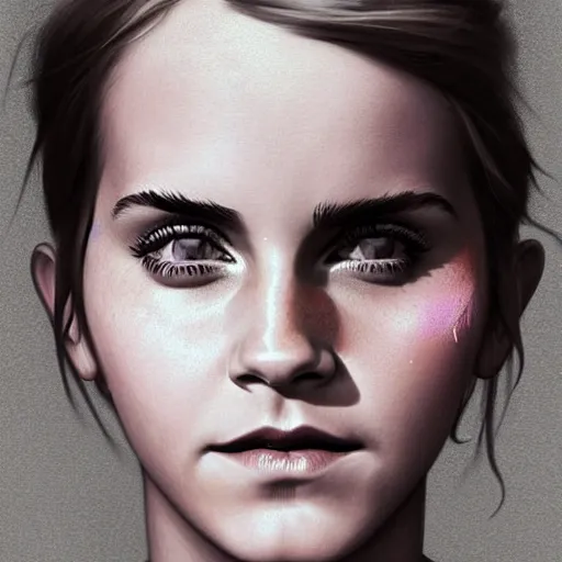 Image similar to Very funny Emma Watson looking like an old monkey, colorful painting on grey scale face, powerful , magic, thunders, dramatic lighting, intricate, wild, highly detailed, digital painting, artstation, concept art, smooth, sharp focus, illustration, art by artgerm and greg rutkowski and alphonse mucha, footage