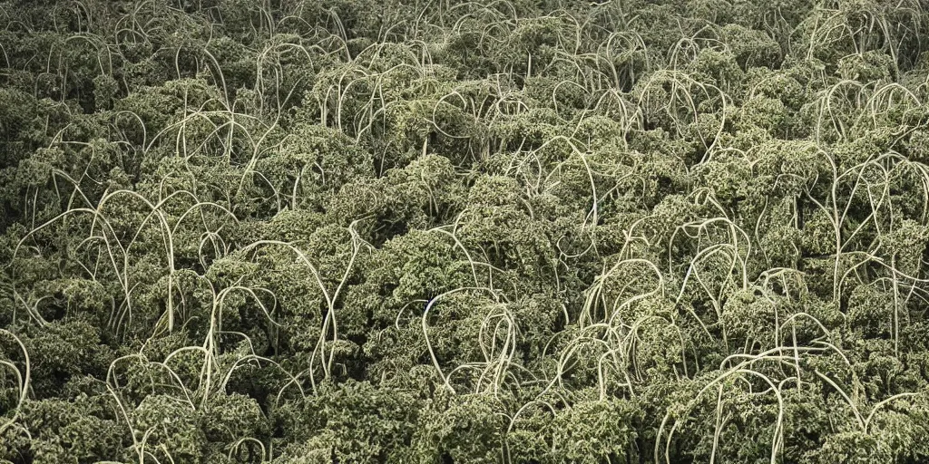 Prompt: spaghetti trees, in a field of mushroom cream sauce