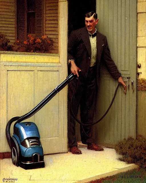 Image similar to handsome man selling vacuum cleaners door to door in a suburban neighborhood 1 9 3 2, melancholy, nostalgia, painting by gaston bussiere, craig mullins, j. c. leyendecker