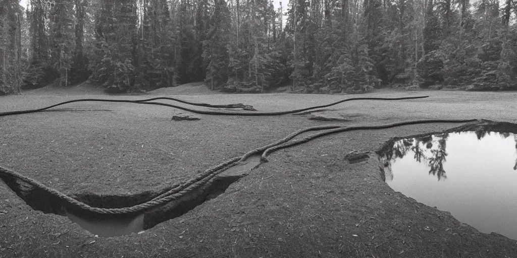 Image similar to photograph of a long rope snaking across the surface of the water, stretching out towards the vortex sinkhole at the center of the lake, a dark lake on a cloudy day, mood, trees in the background, anamorphic lens