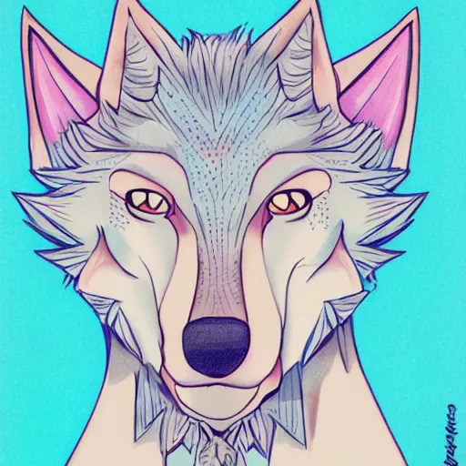 Image similar to Beautiful portrait of an anthro anthropomorphic wolf wearing a cute pastel shirt Summer Atmosphere. detailed, inked,