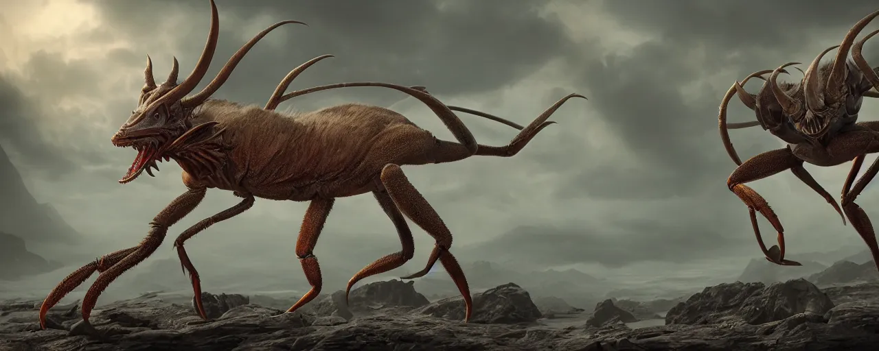 Image similar to creature design, crab - gazelle hybrid, cinematic lighting, octane render, cinematic aura lighting, atmospheric, photorealistic, hyperdetailed 3 d matte painting, hyperrealism, hyperrealistic