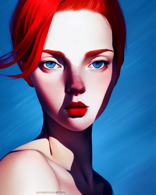 Image similar to a detailed portrait of a beautiful! woman with red hair and freckles by ilya kuvshinov, digital art, dramatic lighting, dramatic angle