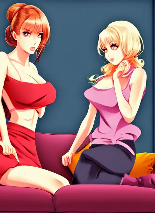 Image similar to two beautiful housewives in the living room on a hot summer evening, gorgeous faces, thick lines, cinematic lighting, detailed anime art