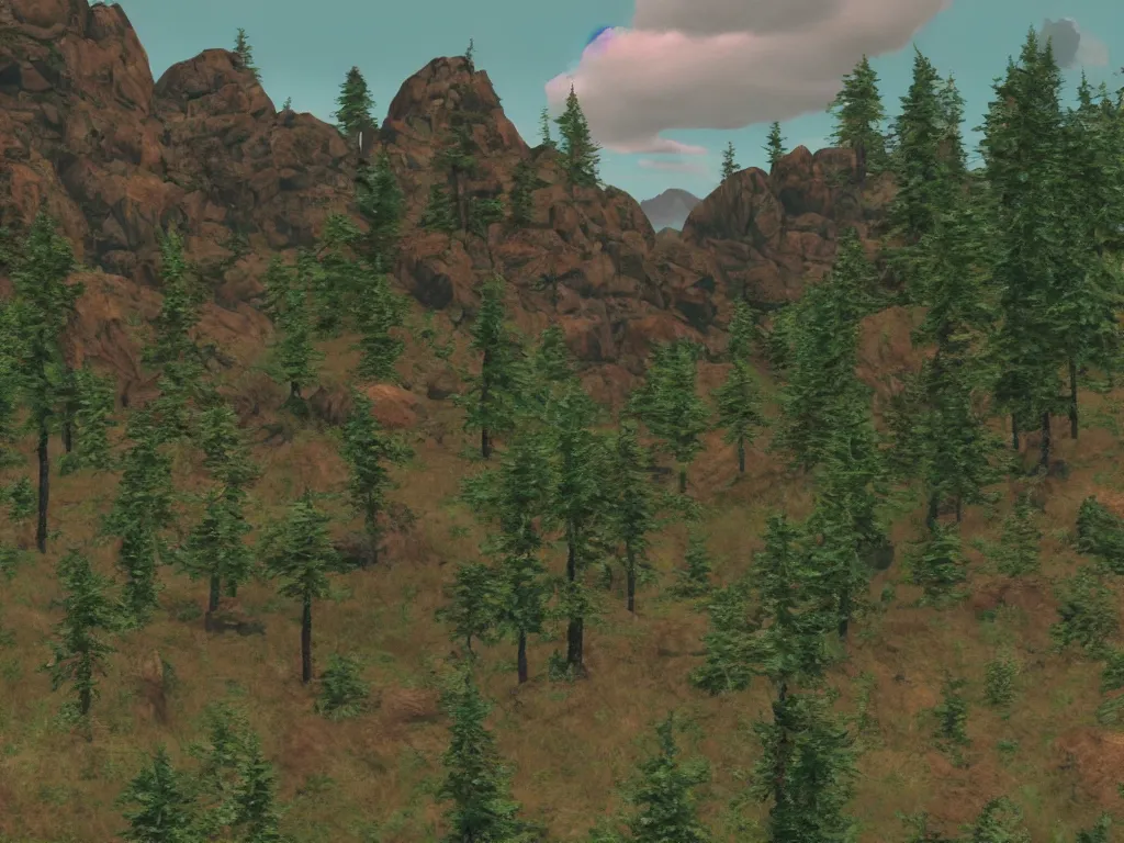 Image similar to Twin Peaks as a PS1 video game landscape