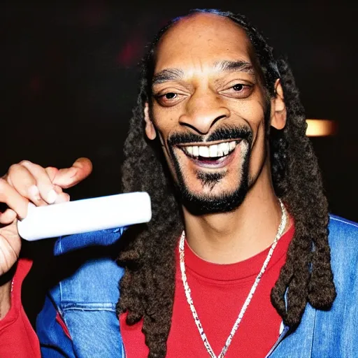 Image similar to Snoop Dog with big eyes eye color red , smiling and holding a joint in his hand