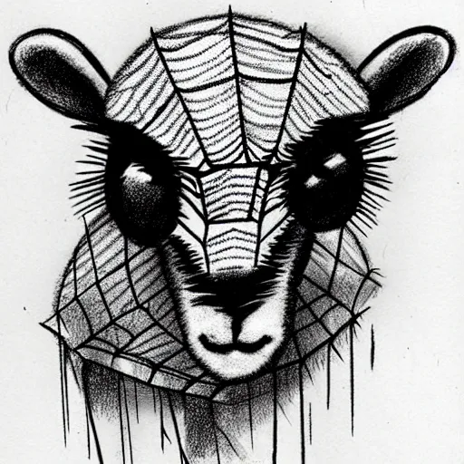 Image similar to transparent flat sheep in spiderweb clothes. fusion between lamb and cobweb. white eyes. pencil sketch, concept artsheep shape morph spider web