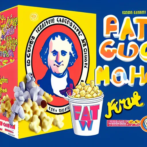 Image similar to silly cover illustration for a box of fat George Washington kids' sugar cereal