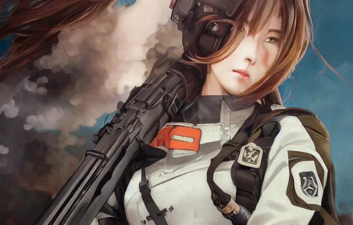 Image similar to infantry girl, soldier using rocket launcher, smoke, anime style, long hair, hair down, symmetrical facial features, from girls frontline, hyper realistic, pale skin, rule of thirds, extreme detail, 4 k, detailed drawing, trending artstation, hd, trading card, by alphonse mucha, greg rutkowski, sharp focus, backlit