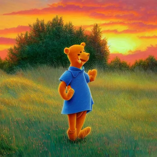 Image similar to winnie the pooh standing on a hill with sunset in background, oil painting, highly detailed