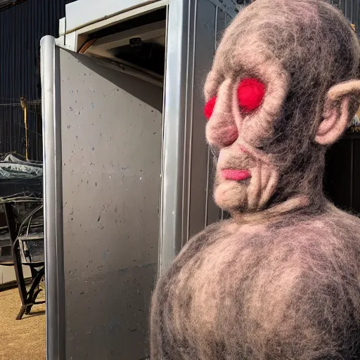 Prompt: photo of a larger than life sized needle - felted 2 0 0 year old wrinkly man covered in warts and skin tags sitting behind a needle felted dumpster in a needle felted alley way with low light and dark shadows