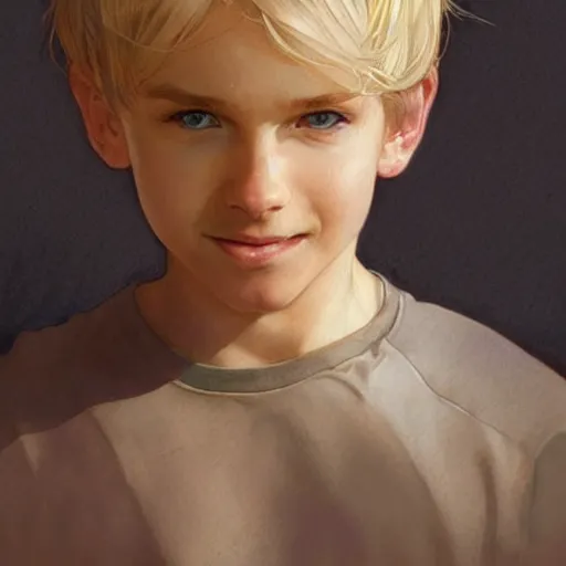 Image similar to young boy, blonde hair, happy eyes, smile, gorgeous, amazing, delicate, elegant, intricate, highly detailed, watercolor, portrait, artstation, concept art, sharp focus, illustration, art by artgerm and greg rutkowski and alphonse mucha