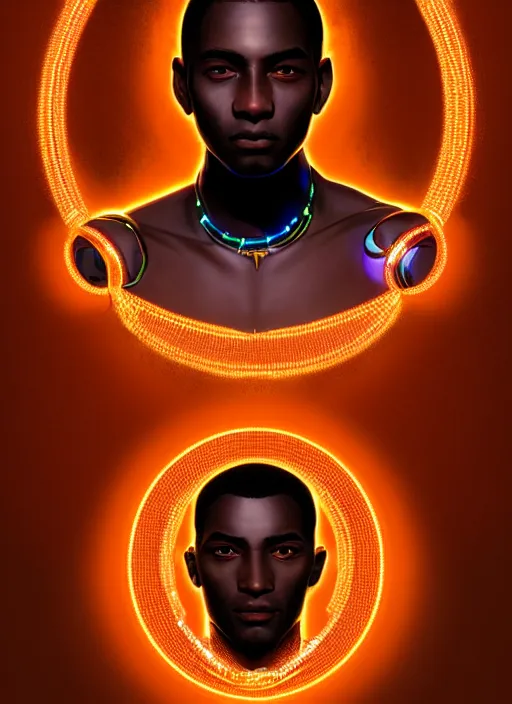 Image similar to portrait of young black man with glowing jewels, afro - futurist style, intricate, elegant, glowing holographic screen, highly detailed, digital painting, artstation, concept art, smooth, sharp focus, illustration, art by wlop, mars ravelo and greg rutkowski