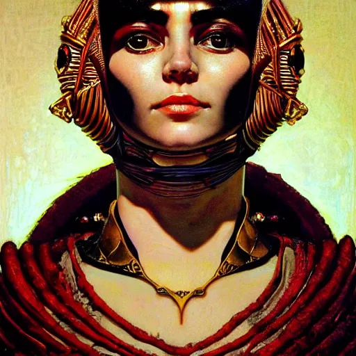 Image similar to close - up renaissance portrait of a primitive art deco android priestess, reflective detailed textures, highly detailed fantasy science fiction painting by moebius, norman rockwell and william holman hunt and syd mead. elaborate geometric ornament, rich colors, high contrast. artstation