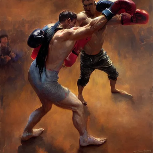 Image similar to a beautiful painting the grim reaper fist - fighting satan in a boxing ring, rendered art, highly detailed painting by gaston bussiere, craig mullins, j. c. leyendecker 8 k, trending on artstation, art, fighting, watercolor