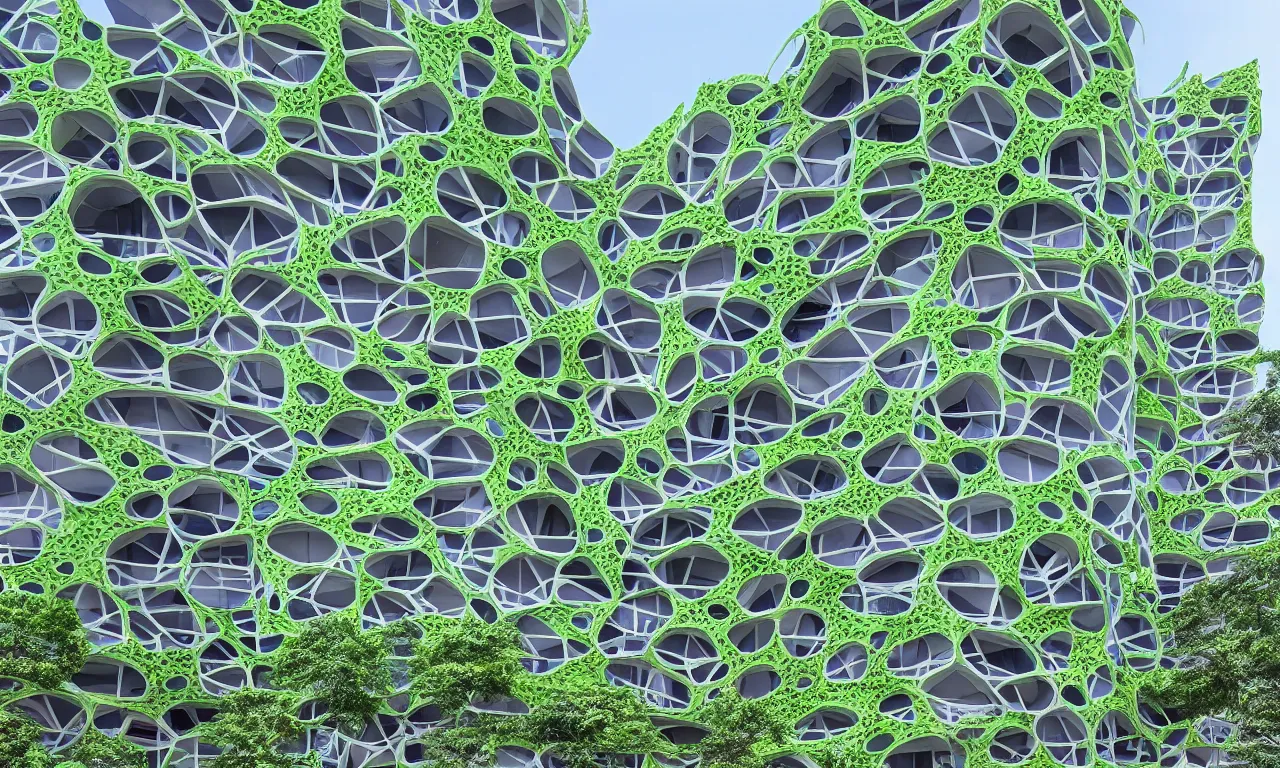 Image similar to algae concrete additive printed multifamily modern architecture in thailand city, colorful geometric exterior rain - screen cladding, architectural sculptural interior, visually satisfying architecture render in vray