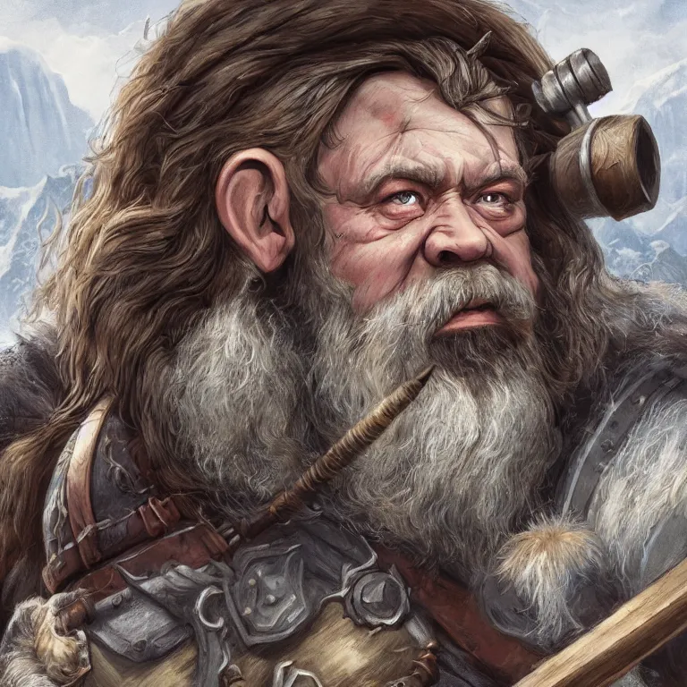 Image similar to dwarf with hammer in mountains, lord of the rings style, fantasy, poster, character portrait, portrait, close up, concept art, intricate details, highly detailed, full body, 8 k, detailed face, body