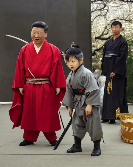 Image similar to Xi Jinping as Ronin Ogami Ittō in Lone Wolf and Cub and a Toddler sized Vladimir Puttin as Daigorō, Xi Jinping is Holding a Samurai Sword, photorealistic, Cinematic, Japanese