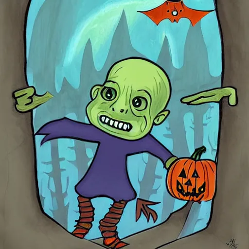 Prompt: halloween goblin illustration, childrens book, simple art by jack prelutsky