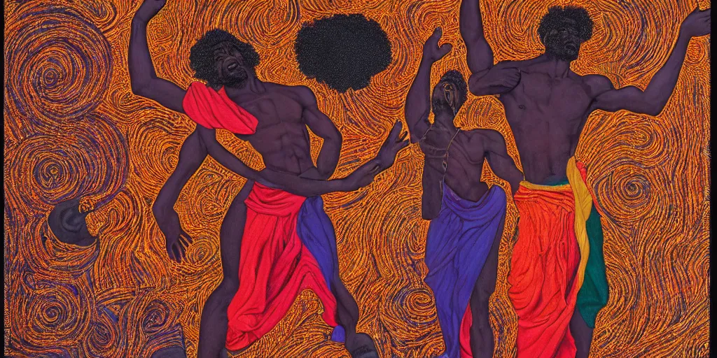 Image similar to an abstract spiritual background, portrait of a virile dark - skinned greek god dancing. 2 4 mm, photorealistic, muted color scheme, directed by mati klarwein