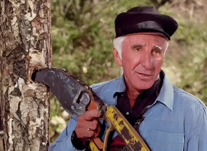 Image similar to film still of Leslie Neilsen with a chainsaw in the new Weekend at Bernies movie, 8k