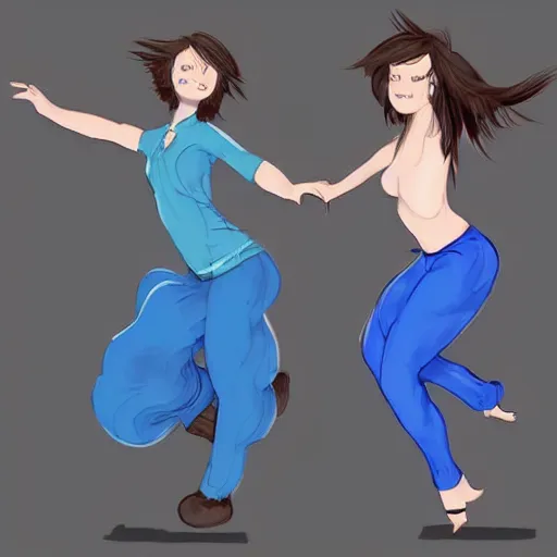 Image similar to a girl with short brown hair and a girl with long blue hair dancing together, trending on artstation