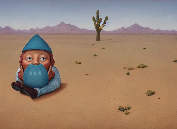 Image similar to a discarded half - buried garden gnome in a vast barren desert, an ultrafine detailed painting by mark ryden, trending on deviantart, pop surrealism, whimsical, lowbrow, perfect symmetrical face