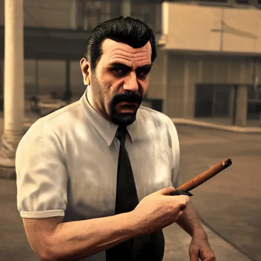 Image similar to a midage italian male, beardless, short black hair with gel, overweight, fine white shirt, leather belt, black pants, leather shoes, smoking a cigar, full body, gta v style, concept art, highly detailed, hyper realistic, unreal engine