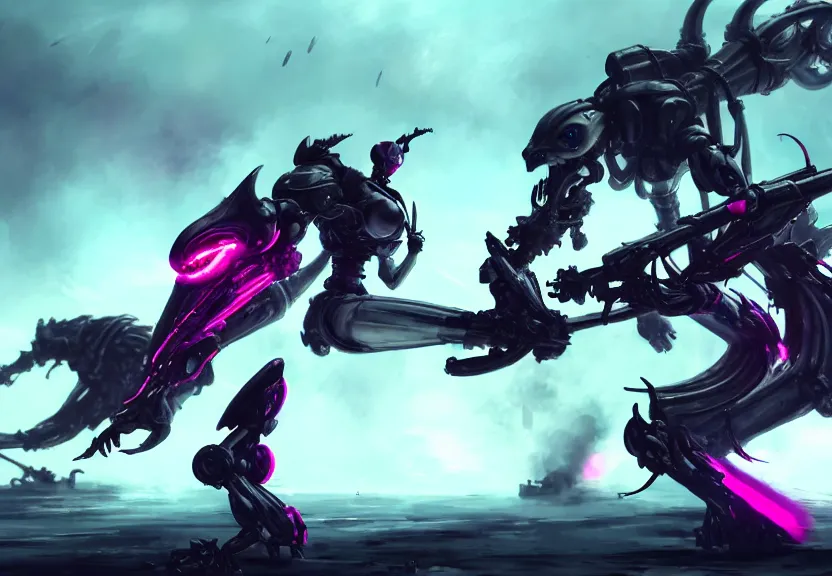 Image similar to epic cinematic shot of singular stunning beautiful hot anthropomorphic mecha female dragon fighting in the nuclear war with laser rifle, has silver armor and fuchsia skin, skeletons on the ground, bleak atmosphere, warframe fanart, terminator art, epic scale, furaffinity, deviantart, octane