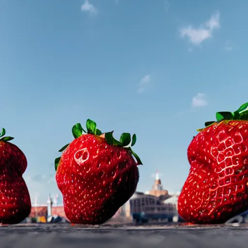 Image similar to super wide shot of giant strawberry monster on red square, 4 k, greg rutkowski, bokeh