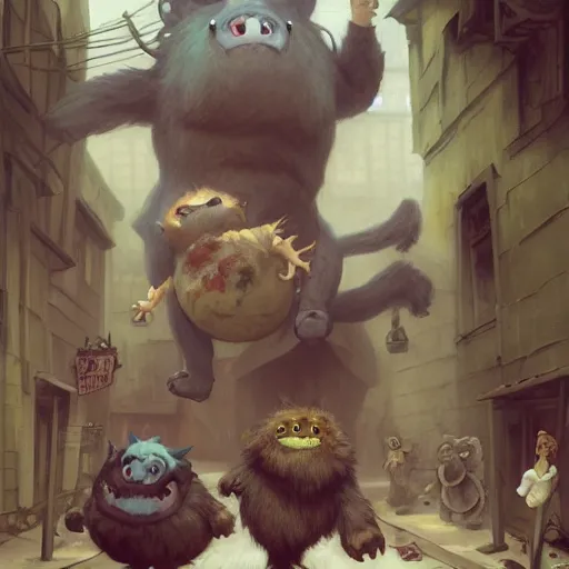 Image similar to little crazy monsters, furry creatures, monster emotional monsters and creatures in the city alleyway, wrestling each other in the style of Johfra and Shaun Tan, By Ruan Jia and Artgerm and Range Murata and WLOP and Ross Tran and William-Adolphe Bouguereau and Beeple, Fantasy Illustration. award winning, Artstation, intricate details, realistic, Hyperdetailed, 8k resolution.